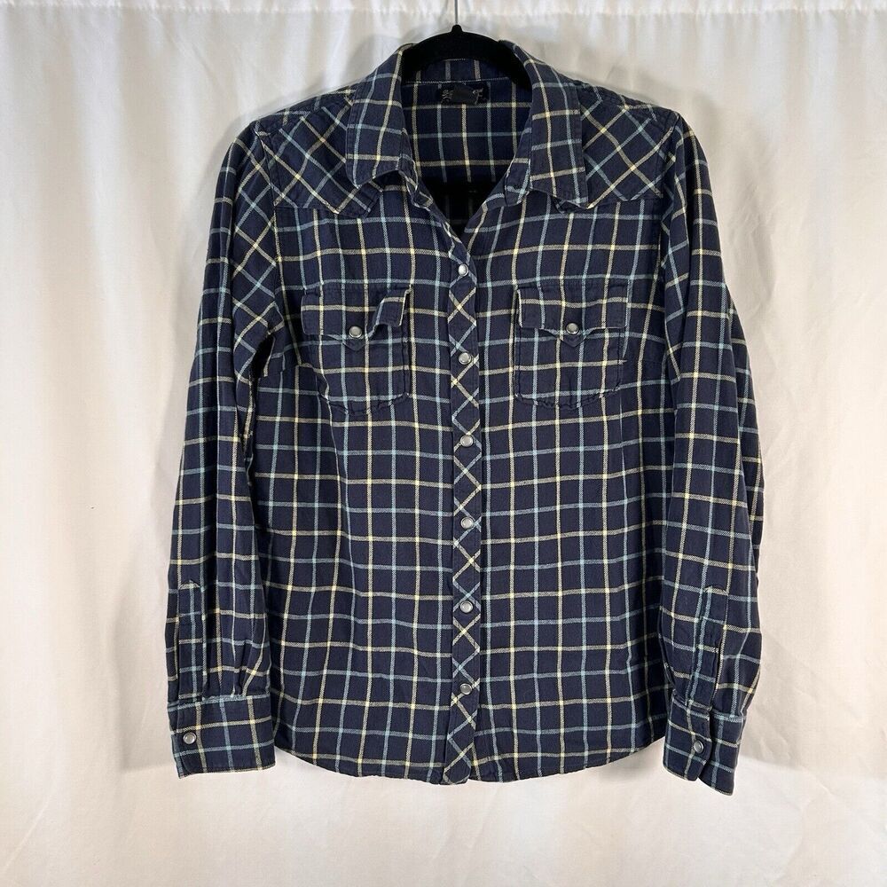 Lucky Brand Blouse Women's Medium Blue Plaid Pearl Snap Long Sleeve 100% Cotton